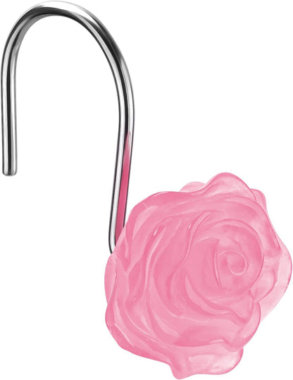 Rose Shower Curtain Hooks, Glow in The Dark, Pretty Floral Themed Elegant Bathroom Decor, Pink