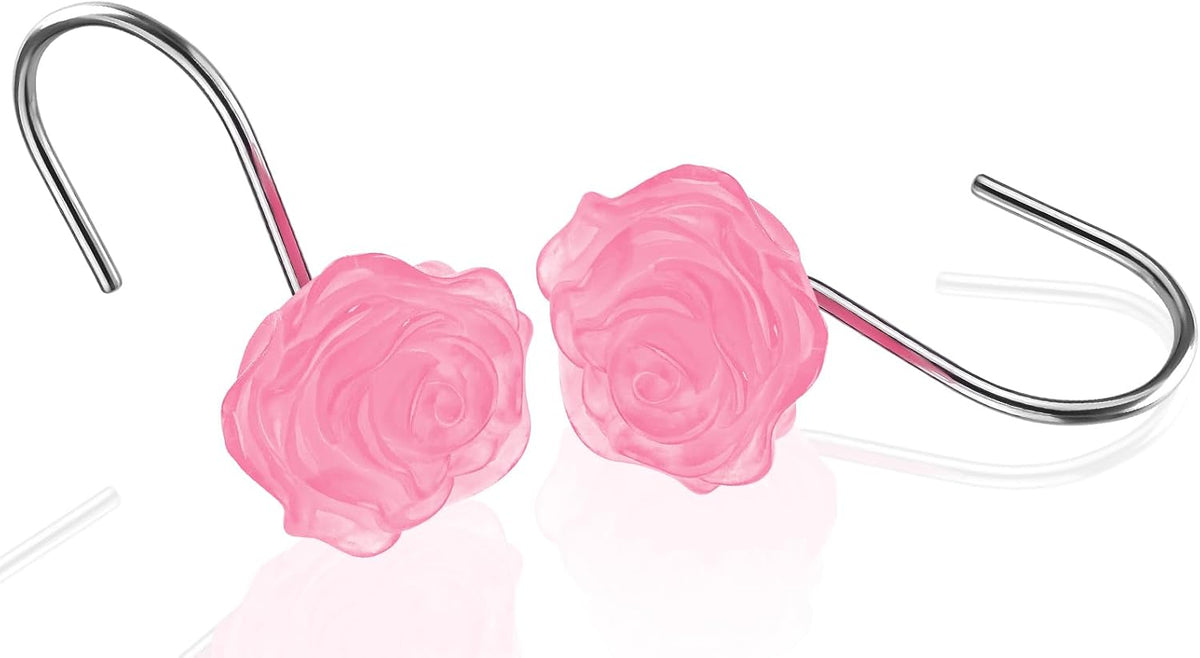 Rose Shower Curtain Hooks, Glow in The Dark, Pretty Floral Themed Elegant Bathroom Decor, Pink