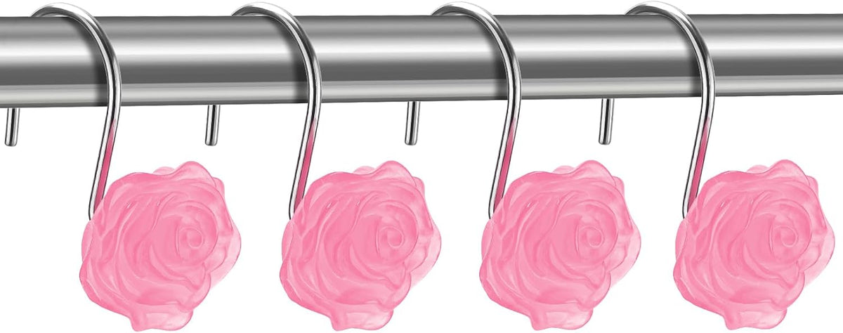 Rose Shower Curtain Hooks, Glow in The Dark, Pretty Floral Themed Elegant Bathroom Decor, Pink