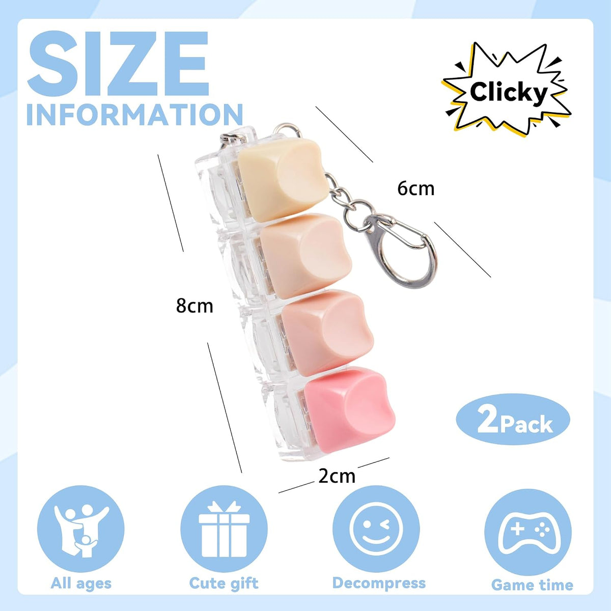 2 PCS Heart-Shaped Keyboard Fidget Toy for Adult, 4 Keys Clicky Keychain