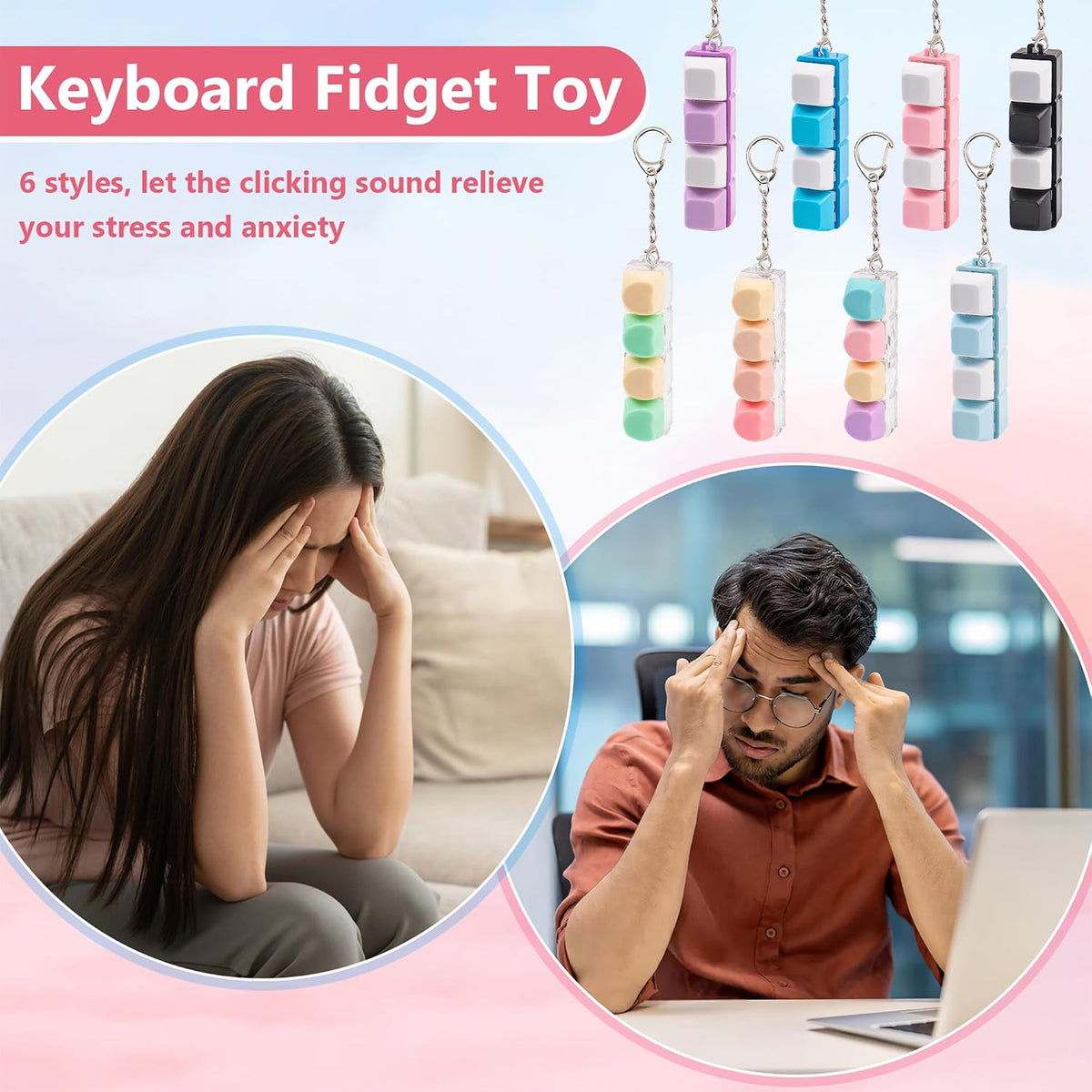 2 PCS Heart-Shaped Keyboard Fidget Toy for Adult, 4 Keys Clicky Keychain