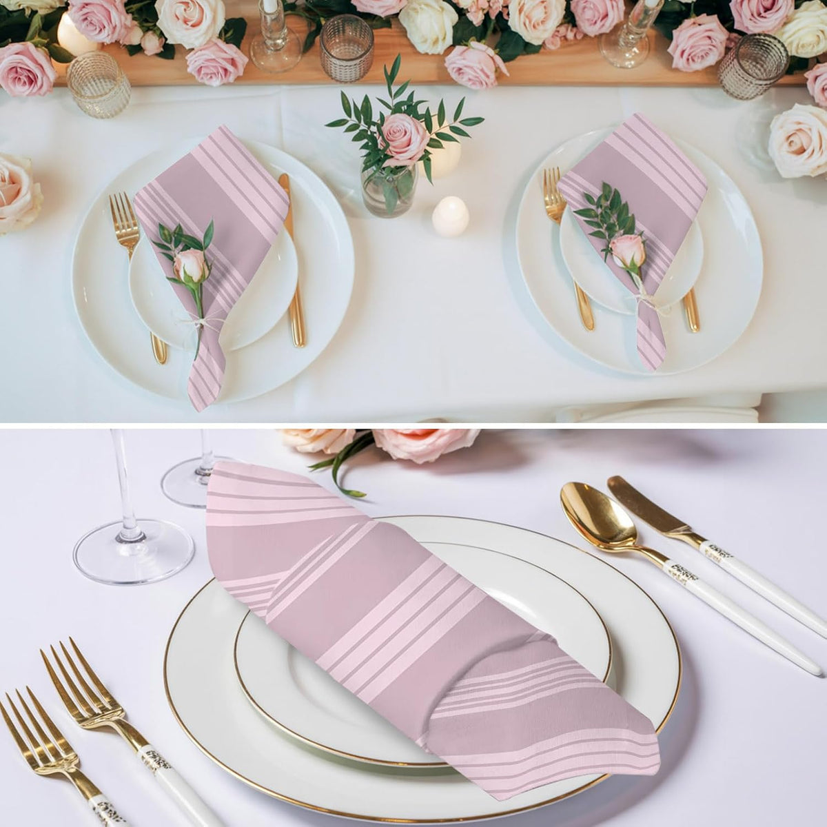 Modern Minimalist Lines Cloth Napkins Set of 6, Holiday Napkins for Baby Shower, Pink Lines Stripes Pattern Washable Reusable Dinner Napkin for Cocktail Wedding Party, 20 x 20 Inch