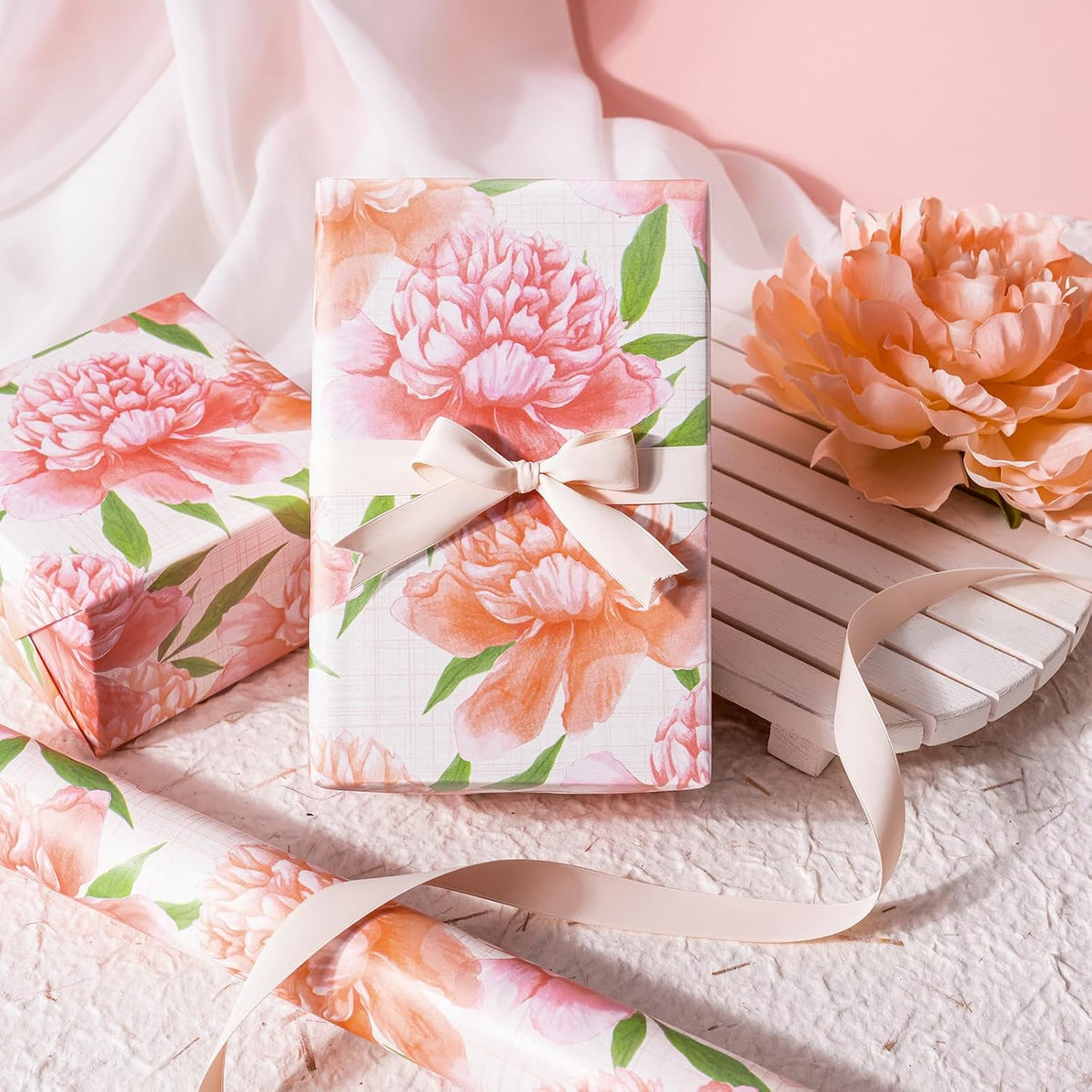 Floral Wrapping Paper Roll - Mini Roll - 17 Inch x 9.8 Feet - Peach Flower Wrapping Paper, Perfect for Girls Women Birthday, Wedding, Bridal Shower