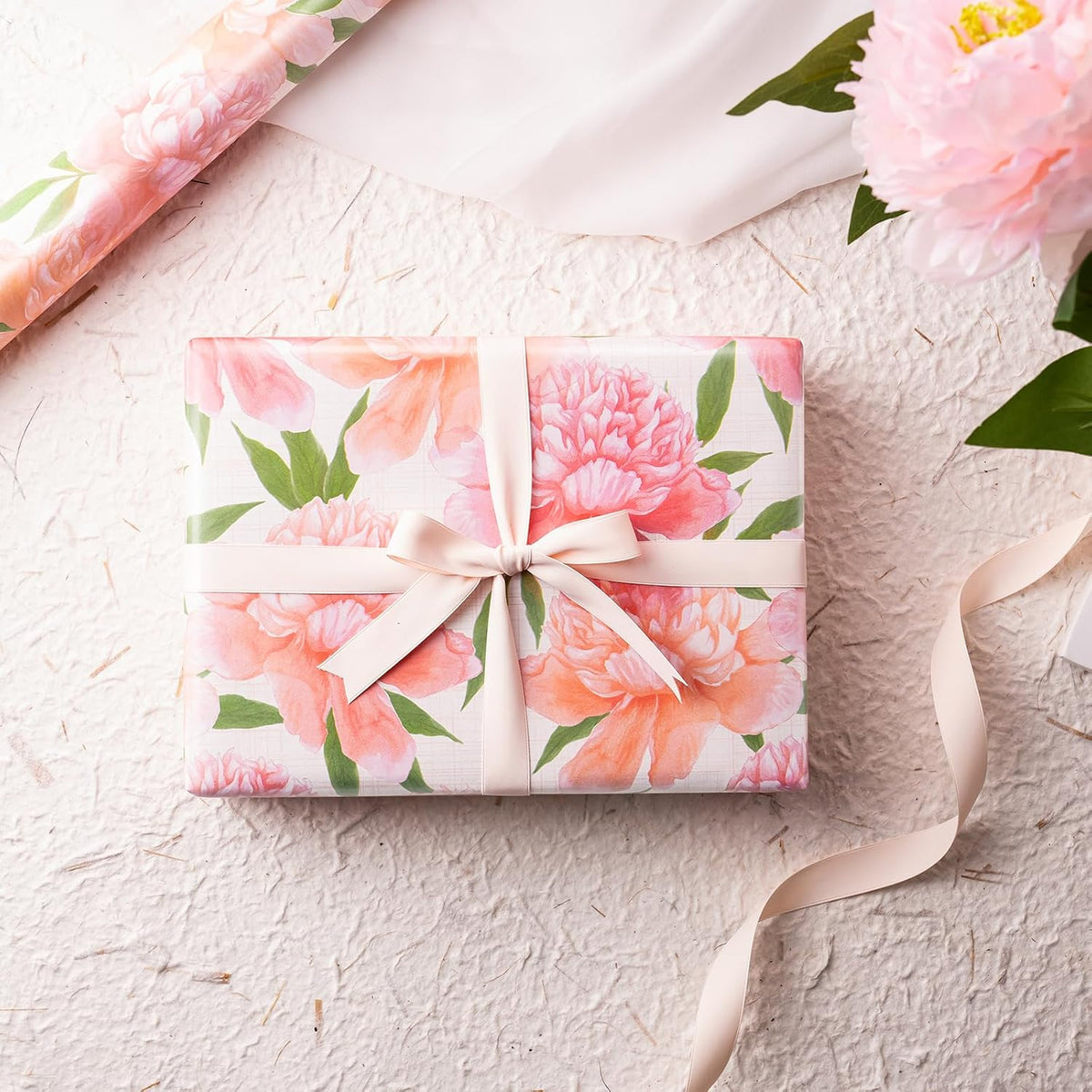 Floral Wrapping Paper Roll - Mini Roll - 17 Inch x 9.8 Feet - Peach Flower Wrapping Paper, Perfect for Girls Women Birthday, Wedding, Bridal Shower