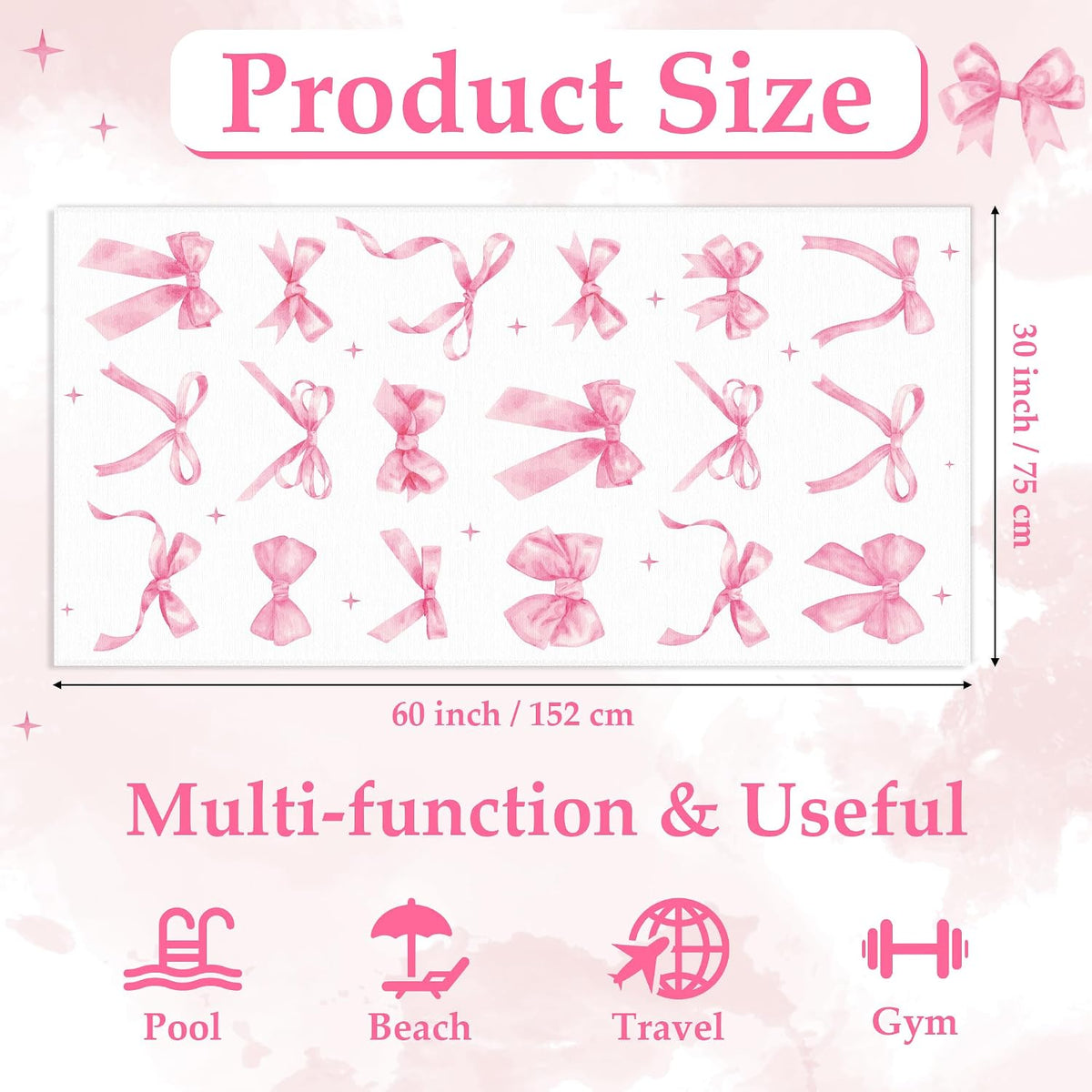 Coquette Pink Bow Beach Towel for Girls Women, 30 x 60 Inch