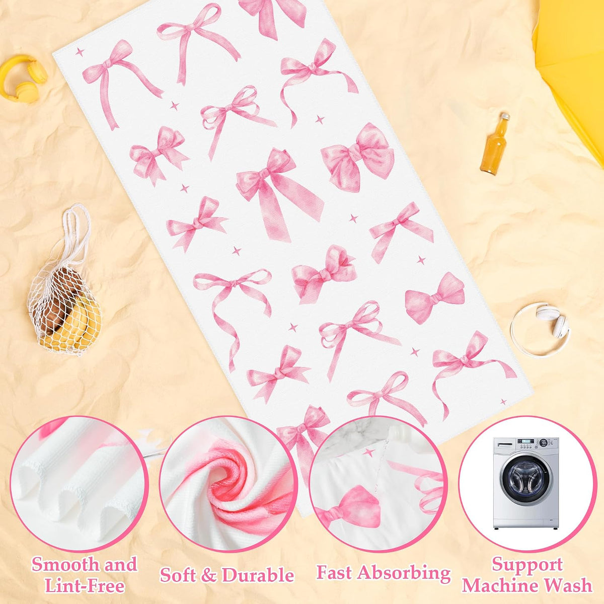 Coquette Pink Bow Beach Towel for Girls Women, 30 x 60 Inch