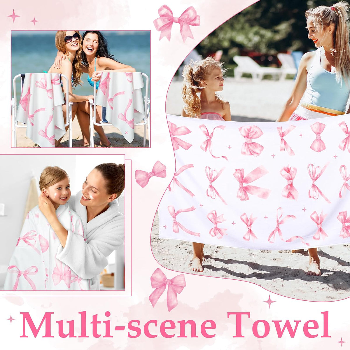 Coquette Pink Bow Beach Towel for Girls Women, 30 x 60 Inch