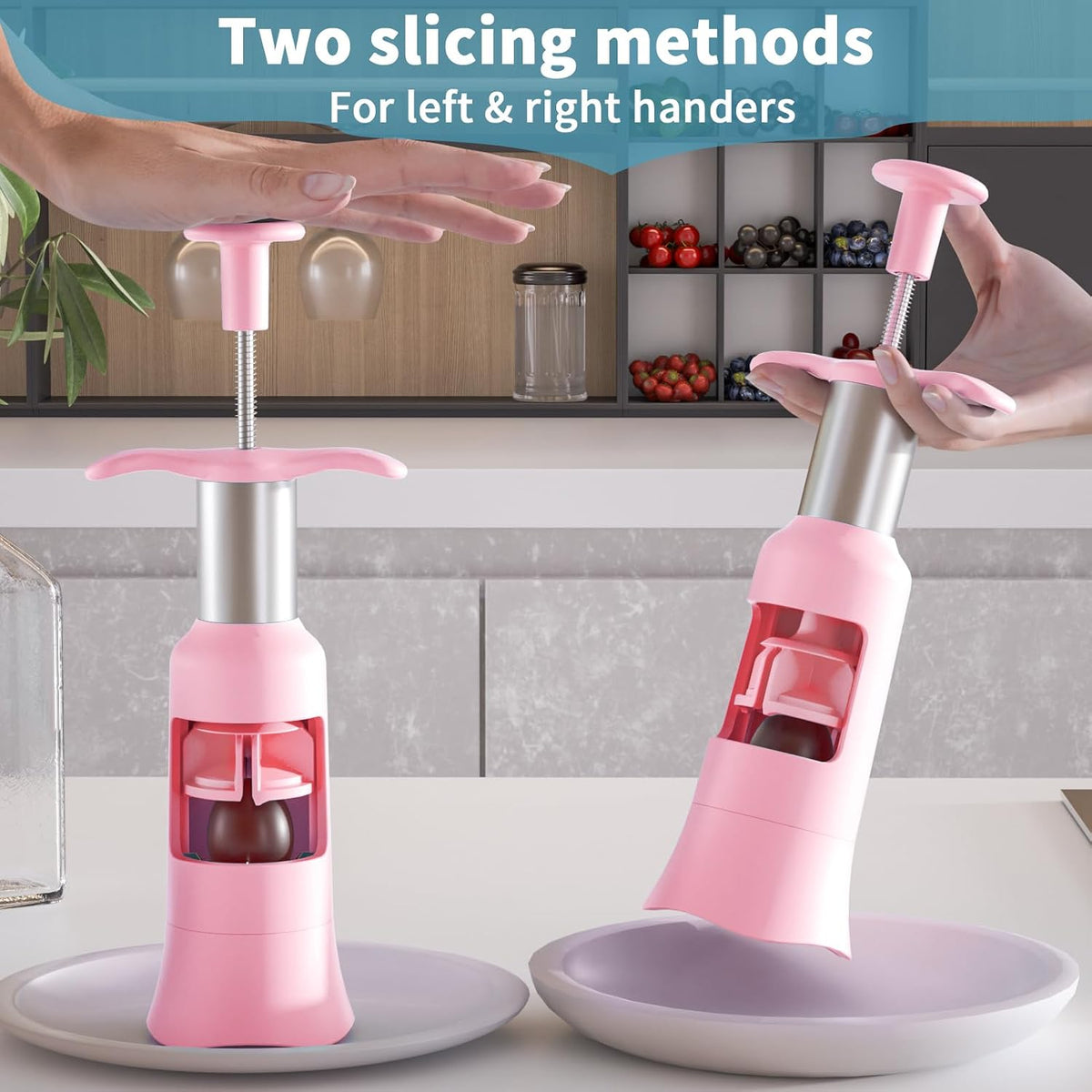 Grape Cutter Tool - Stainless Steel Kitchen Gadgets with 2 Straw Brushes & 2 Types of Slicing - Cherry, Grape, Tomato - Baby Fruit Cutter (Pink)