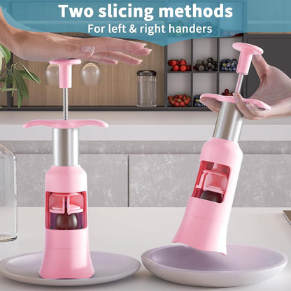 Grape Cutter Tool - Stainless Steel Kitchen Gadgets with 2 Straw Brushes & 2 Types of Slicing - Cherry, Grape, Tomato - Baby Fruit Cutter (Pink)