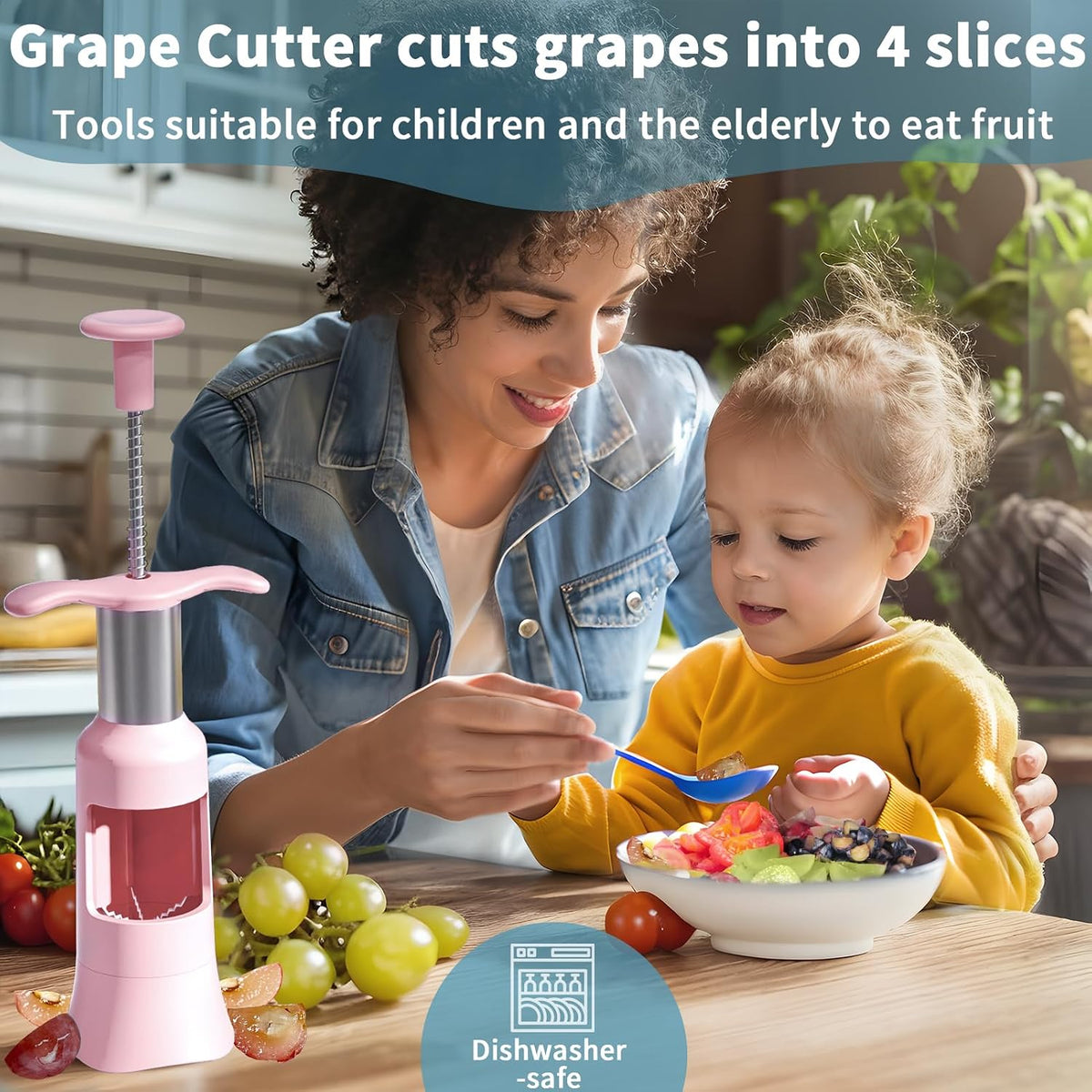 Grape Cutter Tool - Stainless Steel Kitchen Gadgets with 2 Straw Brushes & 2 Types of Slicing - Cherry, Grape, Tomato - Baby Fruit Cutter (Pink)
