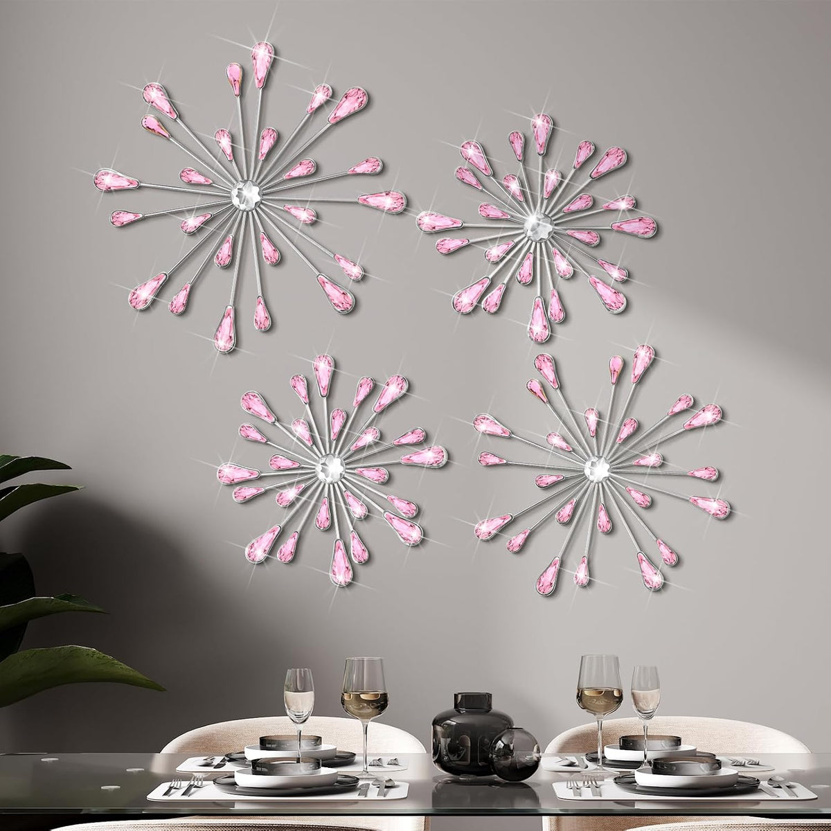 4 Pcs Starburst Wall Decor, Bling Metal Wall Art, Pink