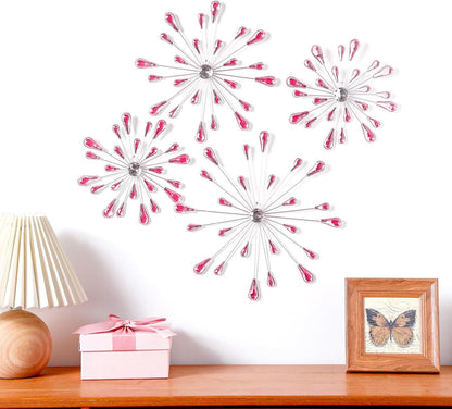 4 Pcs Starburst Wall Decor, Bling Metal Wall Art, Pink