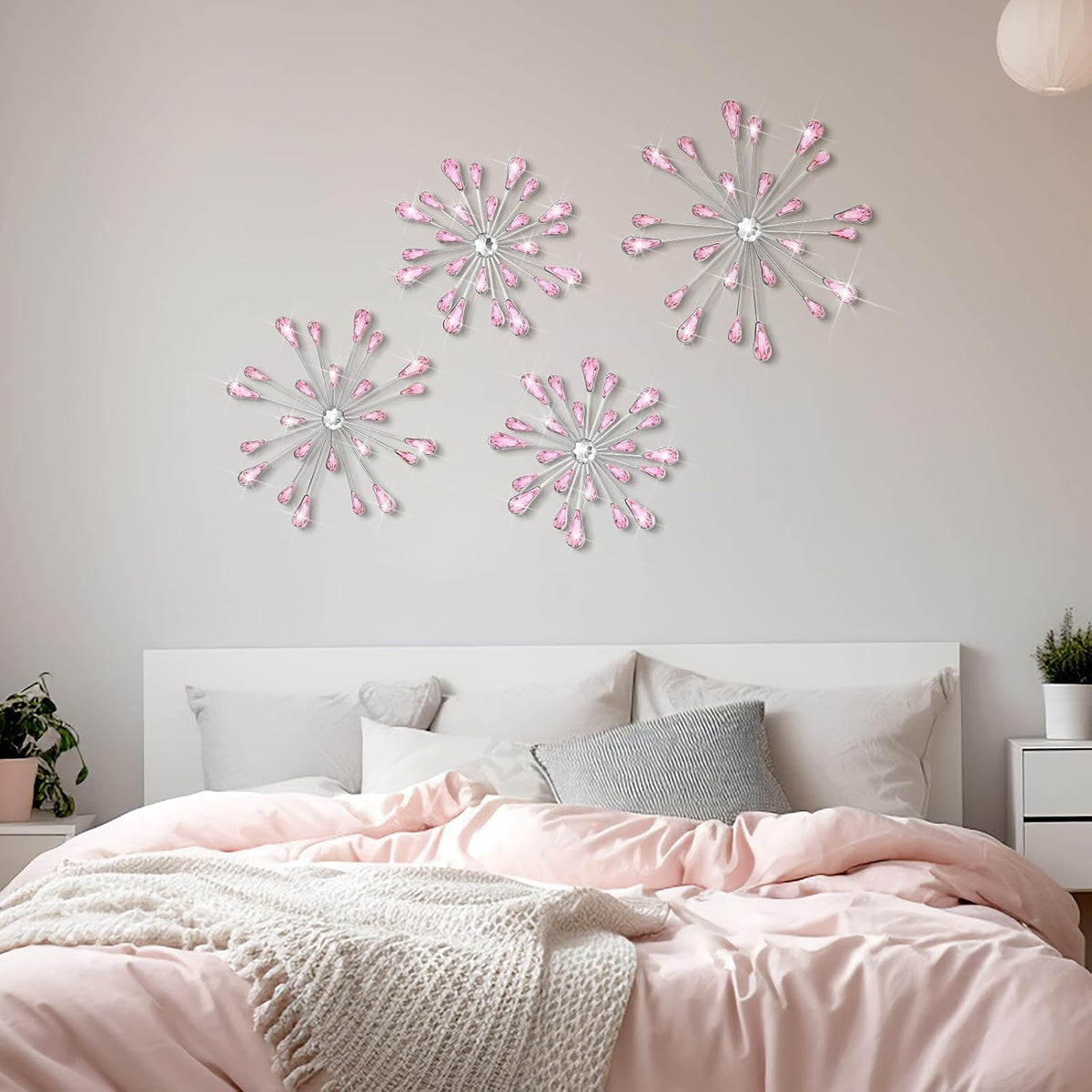 4 Pcs Starburst Wall Decor, Bling Metal Wall Art, Pink