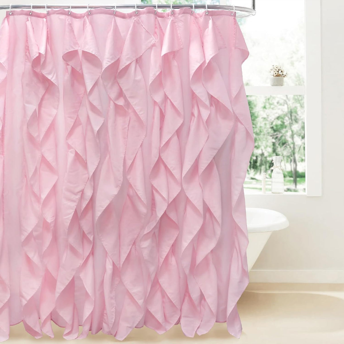 Volens Pink Ruffle Shower Curtain Farmhouse Fabric Cloth Curtains for Bathroom, 72x72 in Long