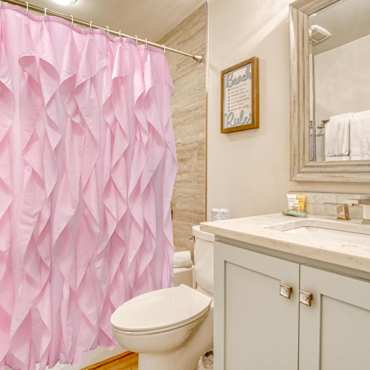Volens Pink Ruffle Shower Curtain Farmhouse Fabric Cloth Curtains for Bathroom, 72x72 in Long