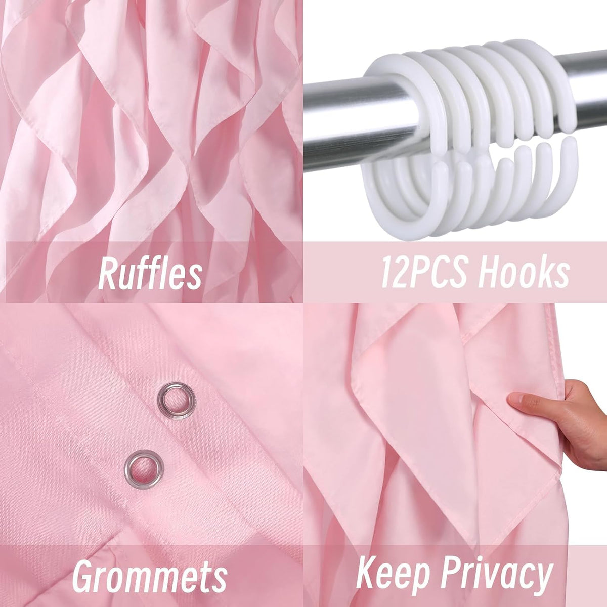 Volens Pink Ruffle Shower Curtain Farmhouse Fabric Cloth Curtains for Bathroom, 72x72 in Long