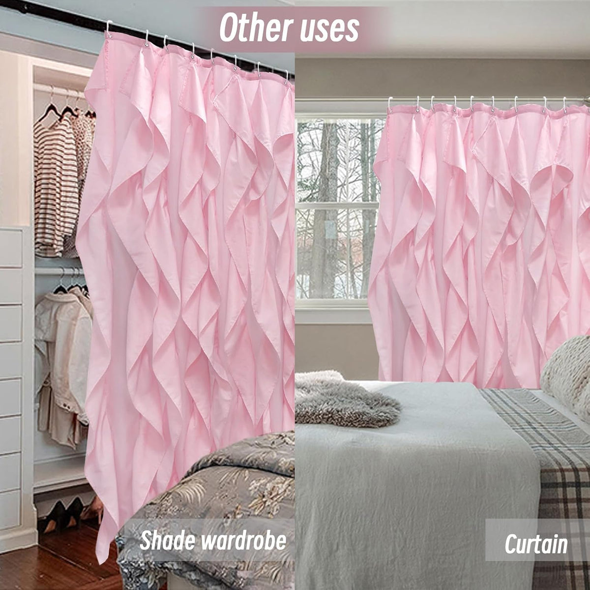 Volens Pink Ruffle Shower Curtain Farmhouse Fabric Cloth Curtains for Bathroom, 72x72 in Long