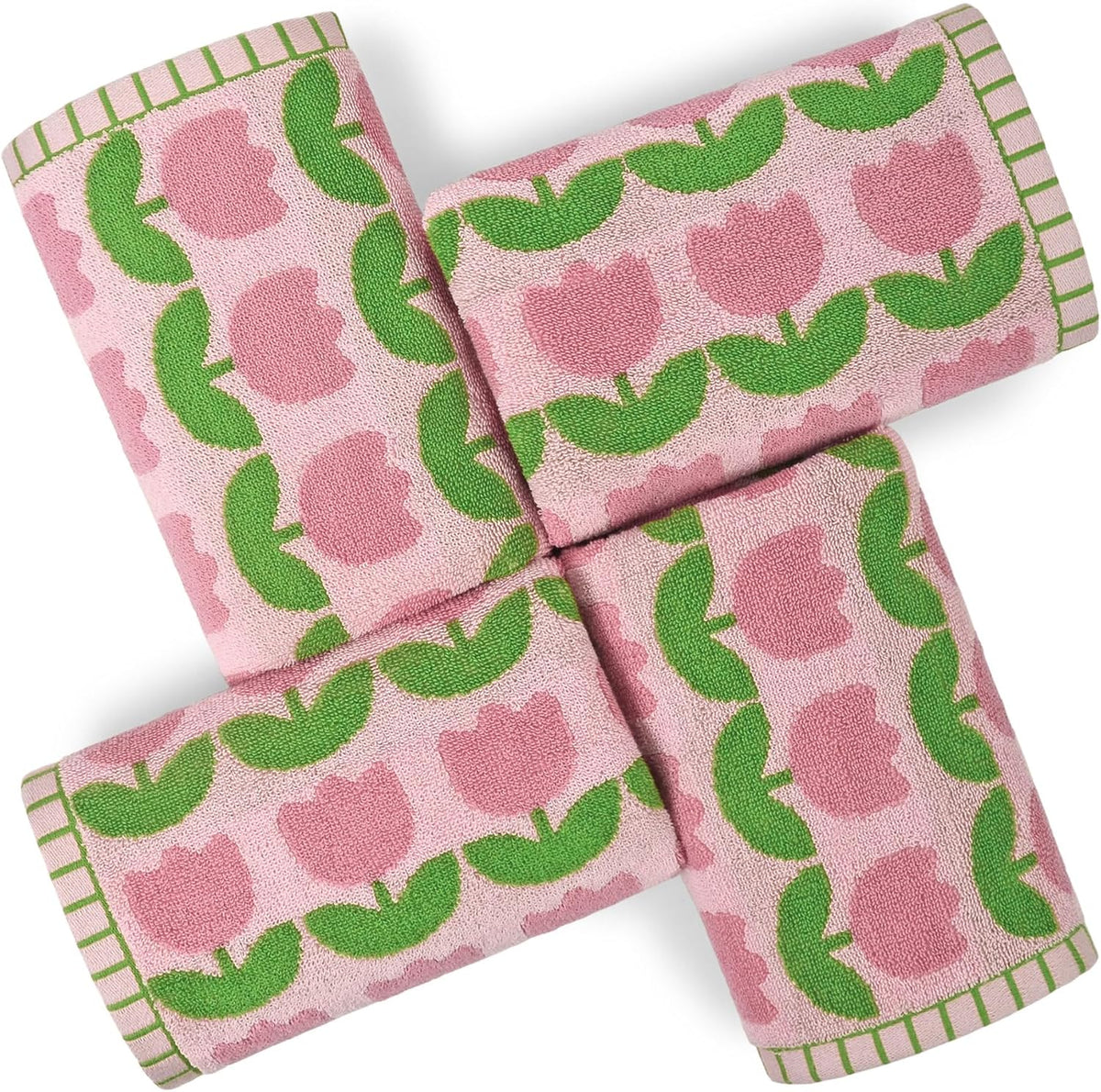 4-Piece Hand Towels with Pink Tulips Pattern, Cotton