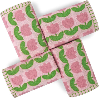 4-Piece Hand Towels with Pink Tulips Pattern, Cotton