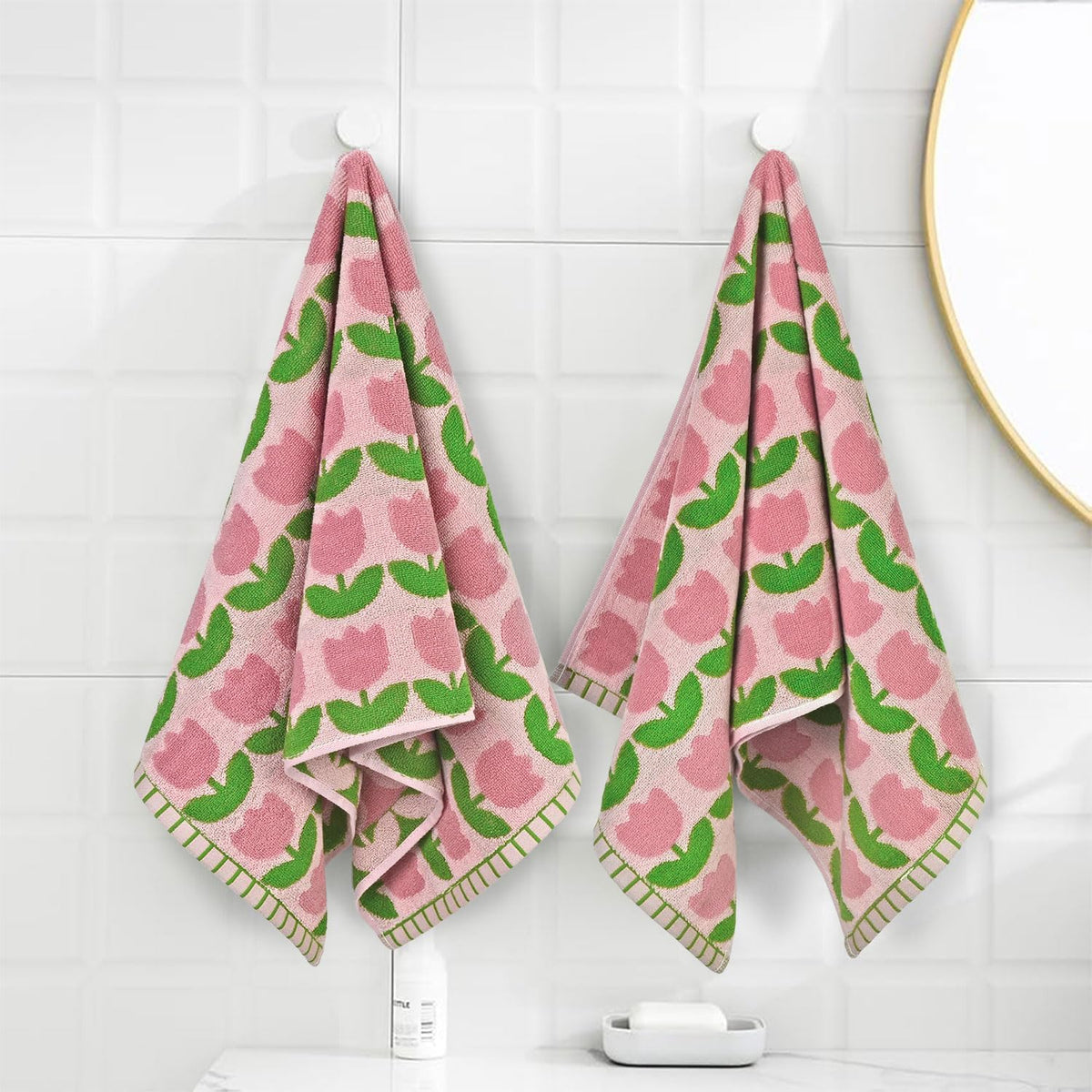 4-Piece Hand Towels with Pink Tulips Pattern, Cotton
