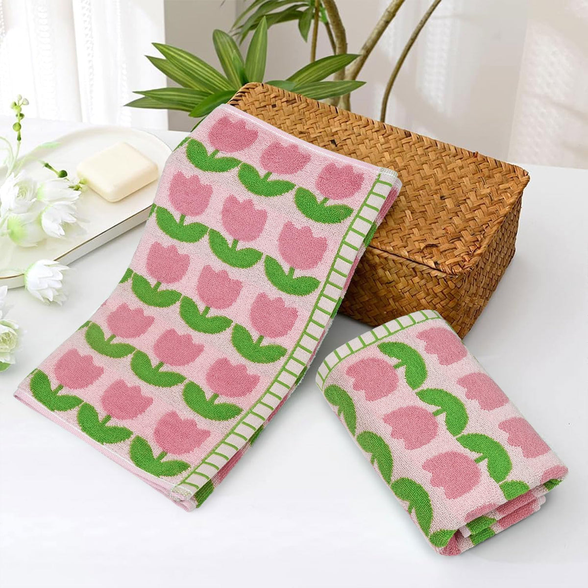 4-Piece Hand Towels with Pink Tulips Pattern, Cotton
