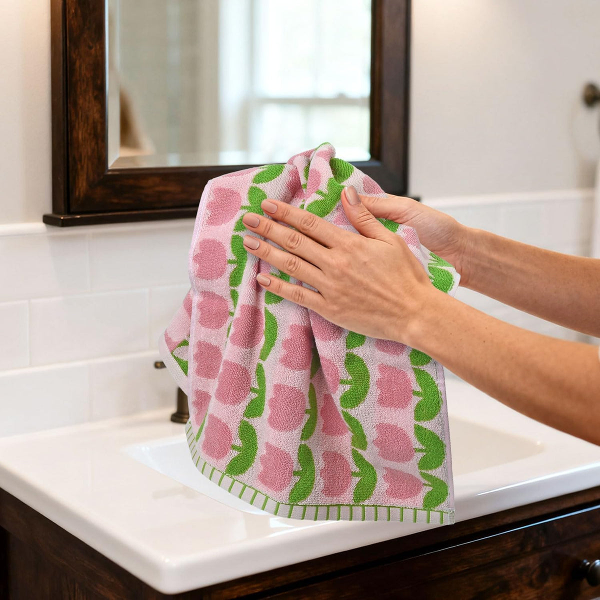 4-Piece Hand Towels with Pink Tulips Pattern, Cotton