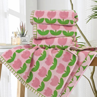 4-Piece Hand Towels with Pink Tulips Pattern, Cotton