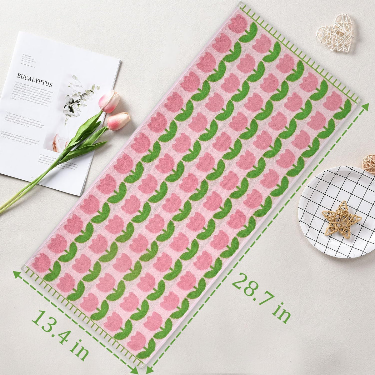 4-Piece Hand Towels with Pink Tulips Pattern, Cotton