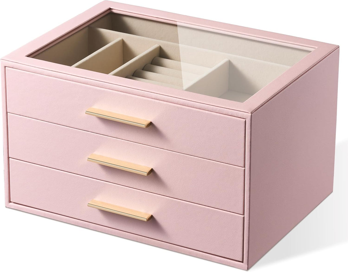 Jewelry Box Organizer Storage Case, 3-Layer with Glass Window, Pink