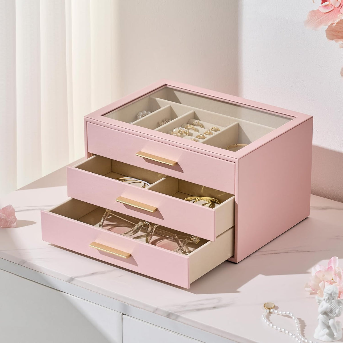 Jewelry Box Organizer Storage Case, 3-Layer with Glass Window, Pink