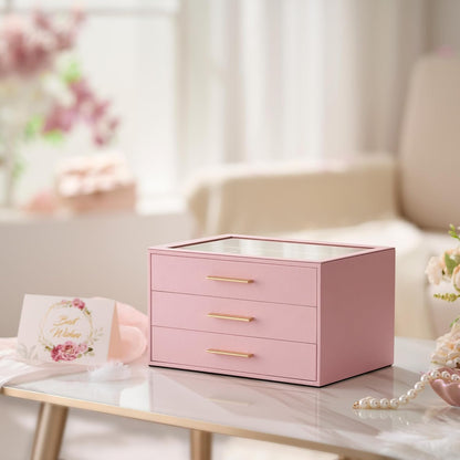 Jewelry Box Organizer Storage Case, 3-Layer with Glass Window, Pink