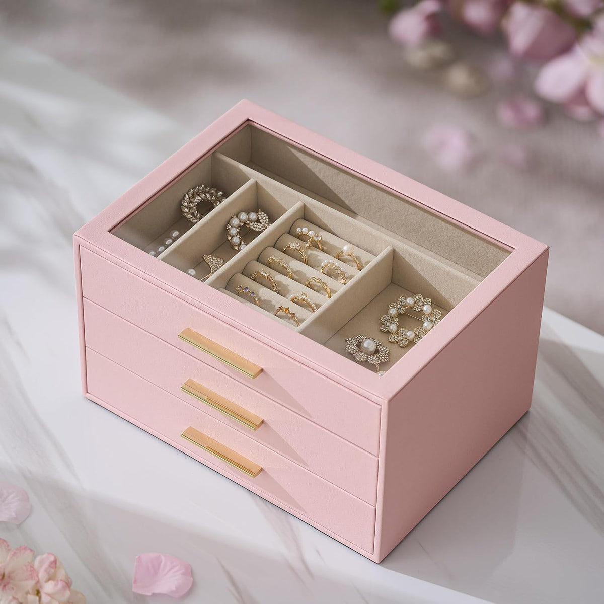Jewelry Box Organizer Storage Case, 3-Layer with Glass Window, Pink