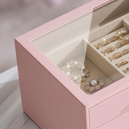Jewelry Box Organizer Storage Case, 3-Layer with Glass Window, Pink