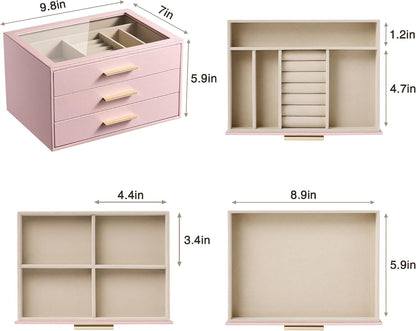 Jewelry Box Organizer Storage Case, 3-Layer with Glass Window, Pink