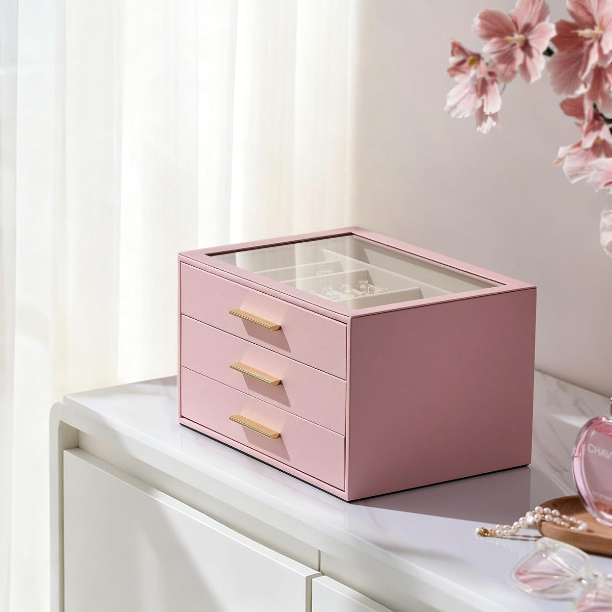 Jewelry Box Organizer Storage Case, 3-Layer with Glass Window, Pink