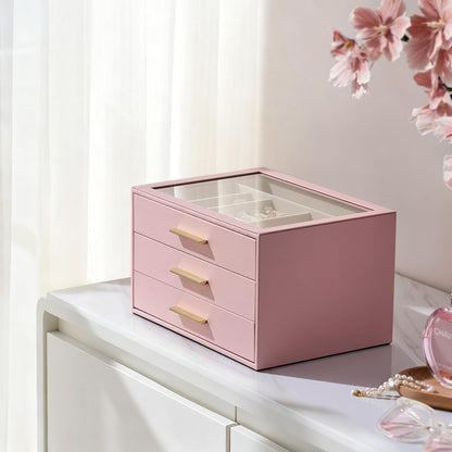 Jewelry Box Organizer Storage Case, 3-Layer with Glass Window, Pink