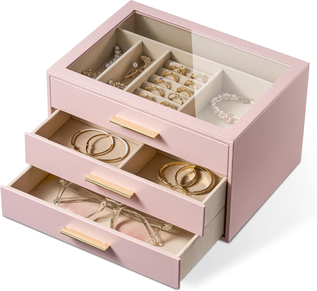 Jewelry Box Organizer Storage Case, 3-Layer with Glass Window, Pink