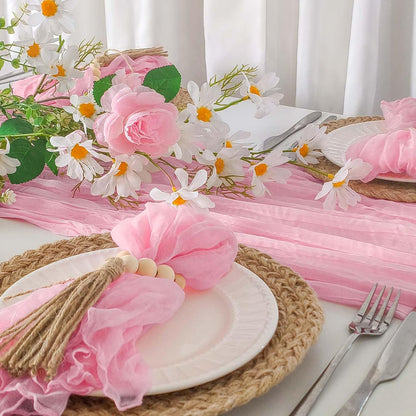 Pink Table Runner 10Ft+6 Napkins+6 Wood Bead Rings Table Settings