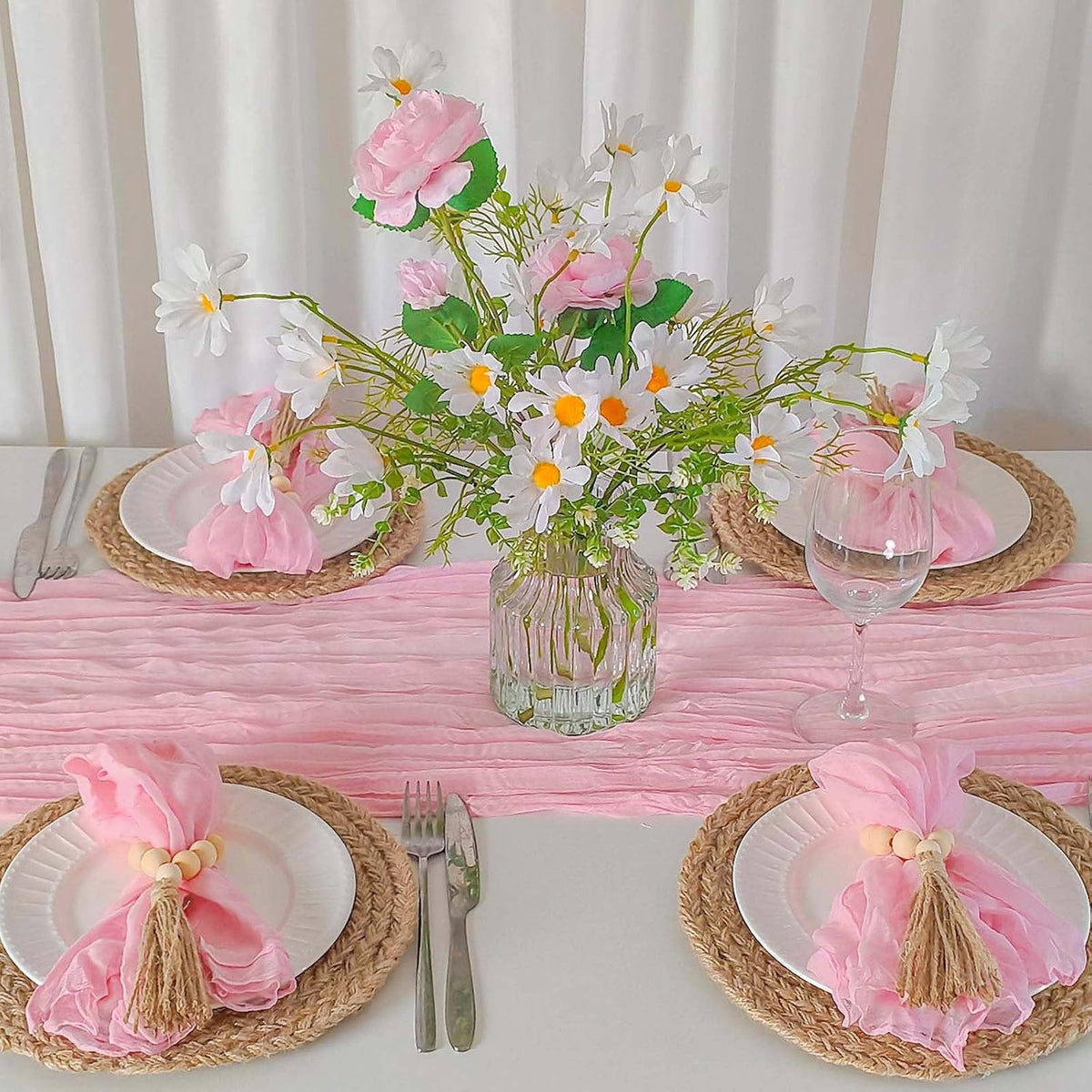 Pink Table Runner 10Ft+6 Napkins+6 Wood Bead Rings Table Settings