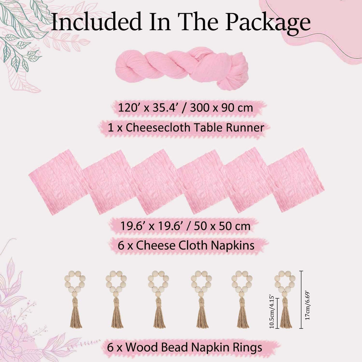 Pink Table Runner 10Ft+6 Napkins+6 Wood Bead Rings Table Settings