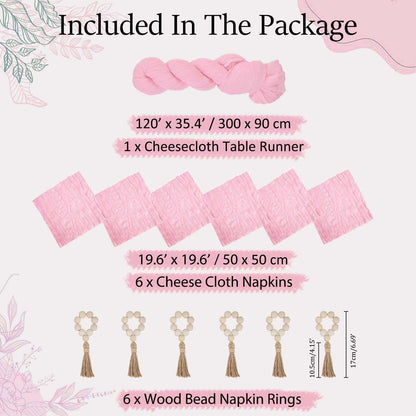 Pink Table Runner 10Ft+6 Napkins+6 Wood Bead Rings Table Settings