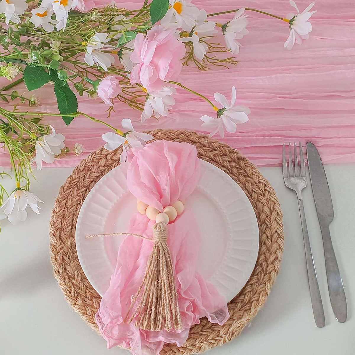 Pink Table Runner 10Ft+6 Napkins+6 Wood Bead Rings Table Settings