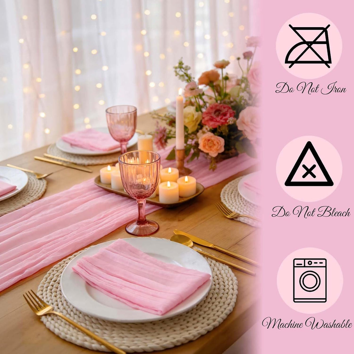 Pink Table Runner 10Ft+6 Napkins+6 Wood Bead Rings Table Settings