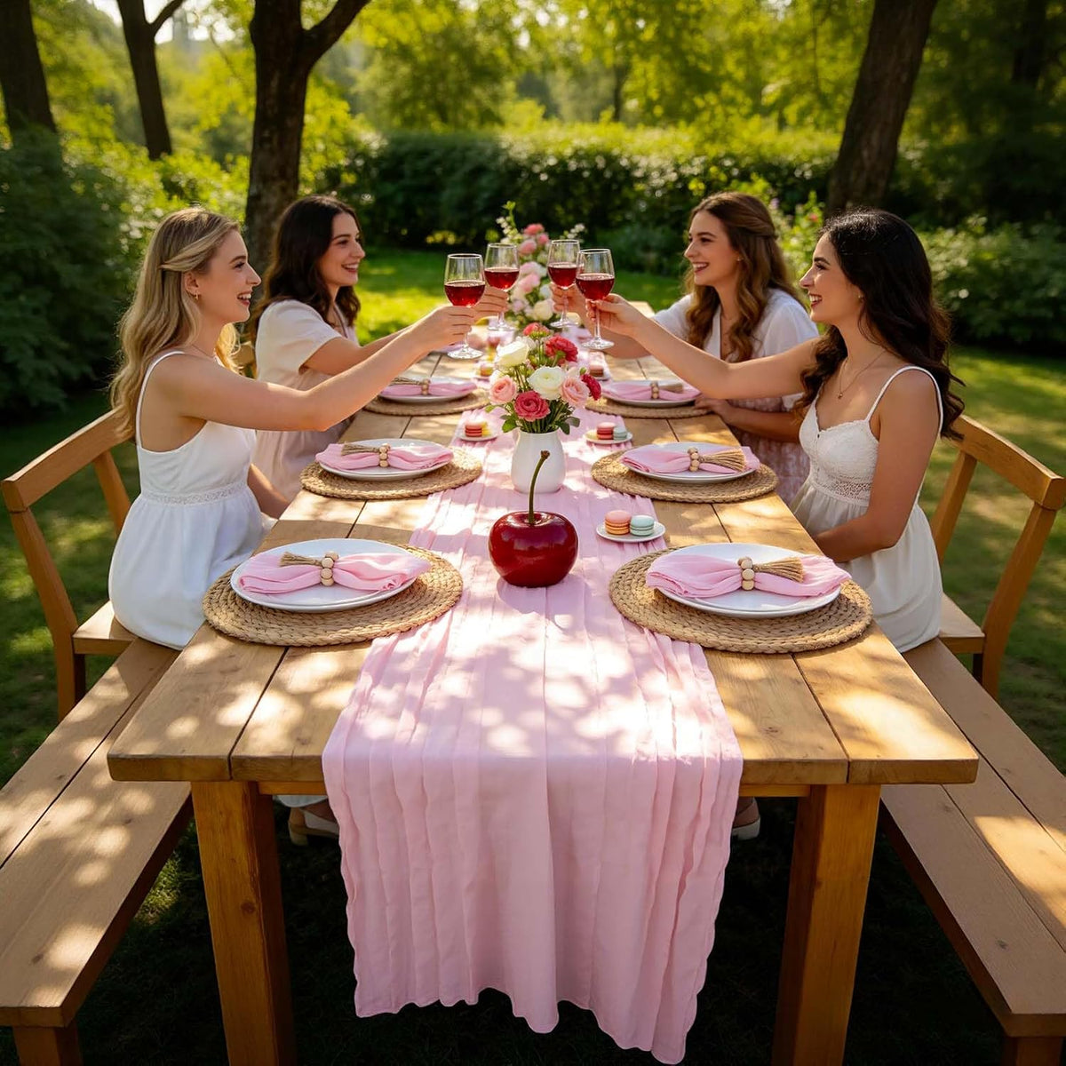 Pink Table Runner 10Ft+6 Napkins+6 Wood Bead Rings Table Settings