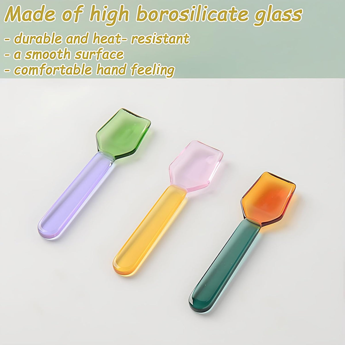 3 Pcs Glass Mixing Spoon 3.6 Inches Glass Teaspoons for Salt Sugar Tea Coffee Cocktail Cold Ice Cream Spoon Drink Party (Pink &Brown &Light Green Handle)