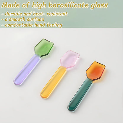 3 Pcs Glass Mixing Spoon 3.6 Inches Glass Teaspoons for Salt Sugar Tea Coffee Cocktail Cold Ice Cream Spoon Drink Party (Pink &Brown &Light Green Handle)