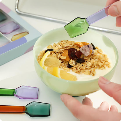 3 Pcs Glass Mixing Spoon 3.6 Inches Glass Teaspoons for Salt Sugar Tea Coffee Cocktail Cold Ice Cream Spoon Drink Party (Pink &Brown &Light Green Handle)