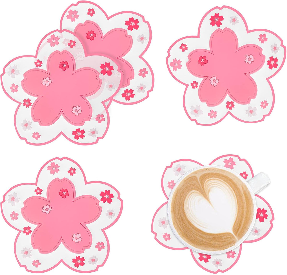 Coasters for Drinks, Modern Floral Pattern Silicone Coasters, Set of 4 Non-Slip Cup Mat Suitable for Kinds of Cups (Flower Pink)