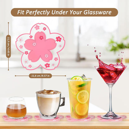 Coasters for Drinks, Modern Floral Pattern Silicone Coasters, Set of 4 Non-Slip Cup Mat Suitable for Kinds of Cups (Flower Pink)