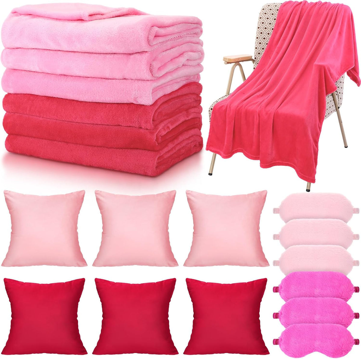 18 Pcs Sleepover Party Supplies Set 6 Pcs Fleece Soft Blankets 6 Pcs Velvet Pillows 6 Pcs Faux Rabbit Fur Sleep Eye Mask Sleeping Stuff Accessories for Slumber Spa Favors(Pink,Rose Red)